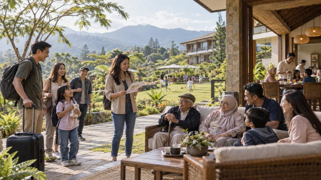 Family gathering dengan lansia di venue Puncak Bogor dengan area nyaman untuk keluarga lintas generasi, penginapan, jalur jalan yang jelas, dan suasana gathering 2 hari 1 malam.