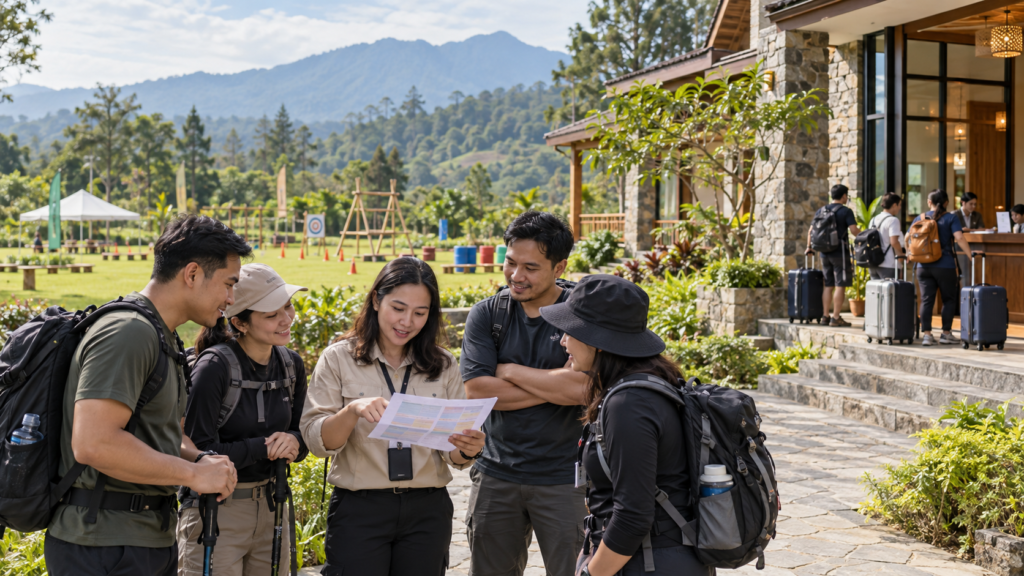Tim HR dan GA perusahaan mengoordinasikan flow outing 2D1N di Bogor setelah trekking hari pertama, dengan proses check-in penginapan, recovery peserta, dan persiapan outbound hari kedua.