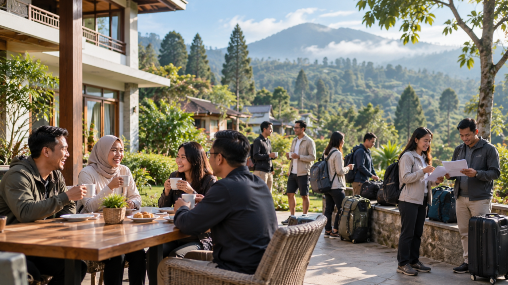 Karyawan menikmati free time Hari 2 employee gathering 2D1N di penginapan Puncak Bogor setelah kegiatan outbound