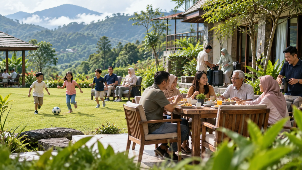 Keluarga besar menikmati free time hari kedua family gathering 2D1N di Puncak Bogor dengan anak, dewasa, dan lansia di suasana pegunungan.
