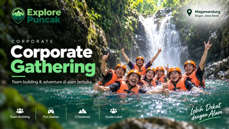 Corporate gathering Curug Naga Megamendung Bogor dengan aktivitas team building dan adventure di alam terbuka