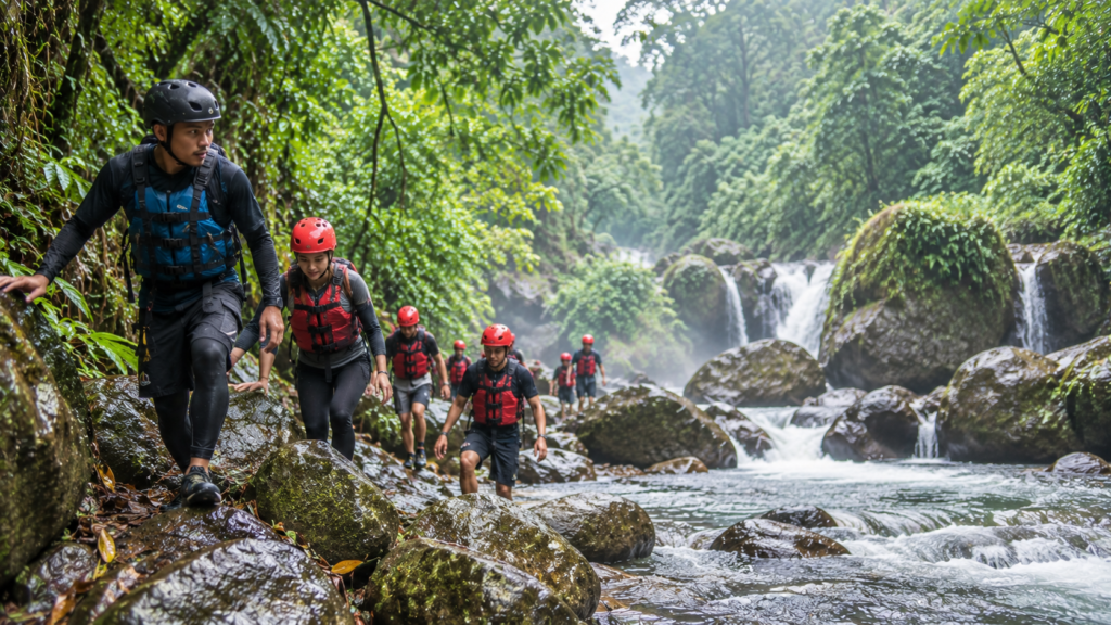 Jalur Jelajah 3 Curug di Megamendung Bogor menuju Curug Priuk, Curug Naga, dan Curug Barong dengan trekking sungai dan body rafting.