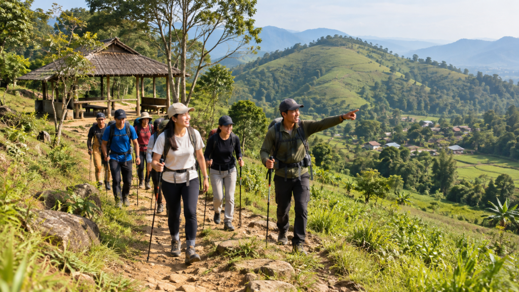 Rombongan trekking bersama guide lokal menyusuri jalur perbukitan Bukit Cisadon Sentul menuju Pondok Pemburu dan Kampung Cisadon, Bogor.