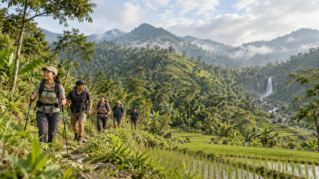 Jalur trekking Bukit Paniisan Sentul Bogor dengan peserta melintasi area sawah, hutan, perbukitan hijau, dan kawasan air terjun.