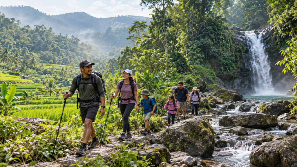 Jalur trekking Curug Cibingbin di Sentul Bogor dengan rombongan peserta menuju 4 air terjun melalui persawahan, sungai, dan jalur alam.
