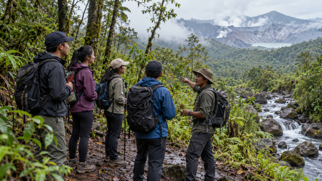 Ilustrasi rombongan trekking bersama pemandu di jalur berhutan, dengan aliran sungai dan bentang kawah di kejauhan.