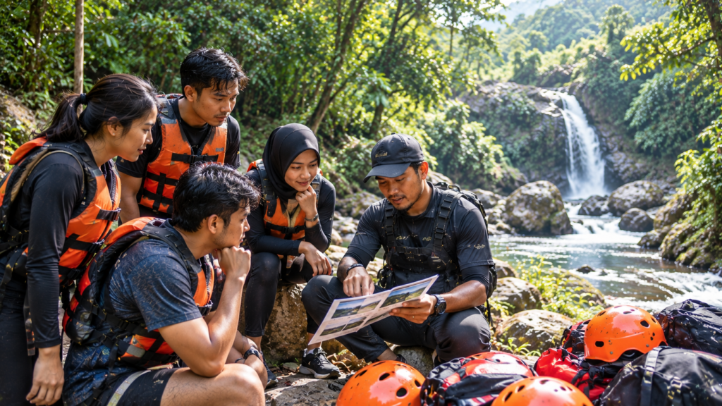 Pengunjung bersama pemandu membandingkan pilihan Jelajah 1, 2, dan 3 Curug sebelum river trekking di Curug Naga Megamendung Bogor