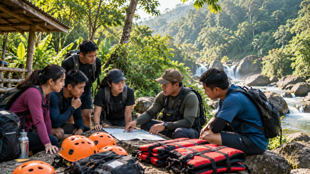 Rombongan membandingkan pilihan Jelajah 1 Curug, 2 Curug, dan 3 Curug sebelum body rafting di Curug Naga Megamendung Bogor