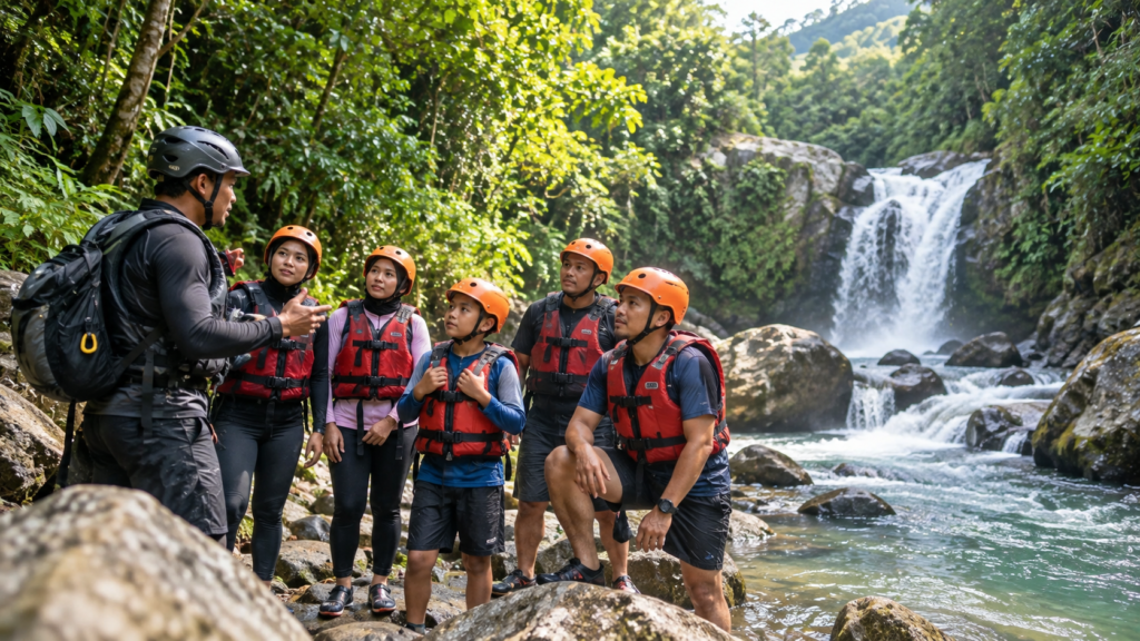 Peserta pemula Jelajah 2 Curug mengikuti briefing sebelum river trekking dan body rafting di Curug Naga, Megamendung, Bogor.