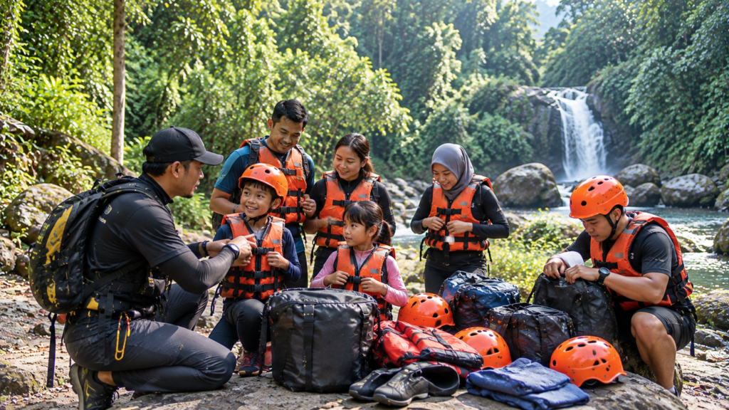 Keluarga dan peserta Jelajah 3 Curug menyiapkan helm dan pelampung bersama pemandu sebelum aktivitas di Curug Naga Megamendung Bogor