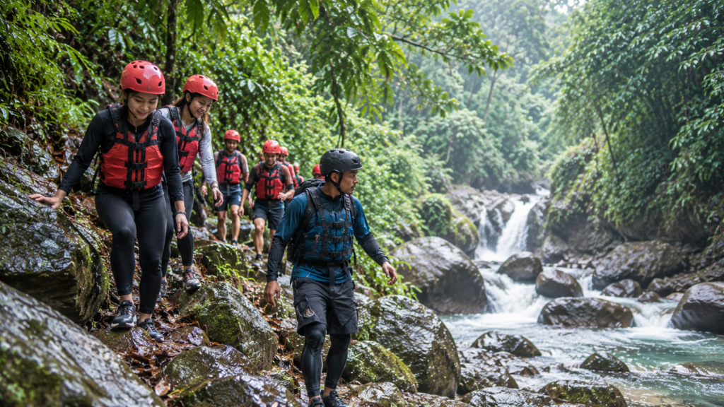Jelajah Curug Priuk dan Curug Naga di Megamendung Bogor, peserta bersama pemandu melakukan trekking menuju area body rafting.