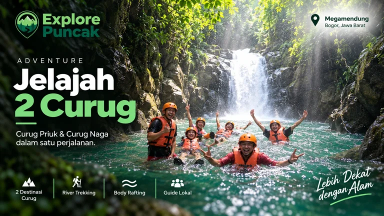 Paket Jelajah 2 Curug di Megamendung Bogor, petualangan river trekking dan body rafting Curug Priuk serta Curug Naga bersama guide lokal Explore Puncak.