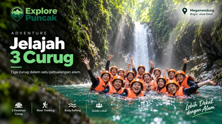 Jelajah 3 Curug Megamendung Bogor bersama Explore Puncak dengan aktivitas river trekking dan body rafting di kawasan wisata alam Puncak.
