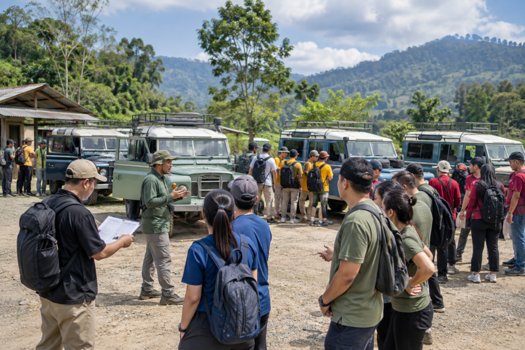Pembagian Land Rover 4x4 untuk rombongan offroad Bogor saat briefing dan pengaturan peserta sebelum keberangkatan