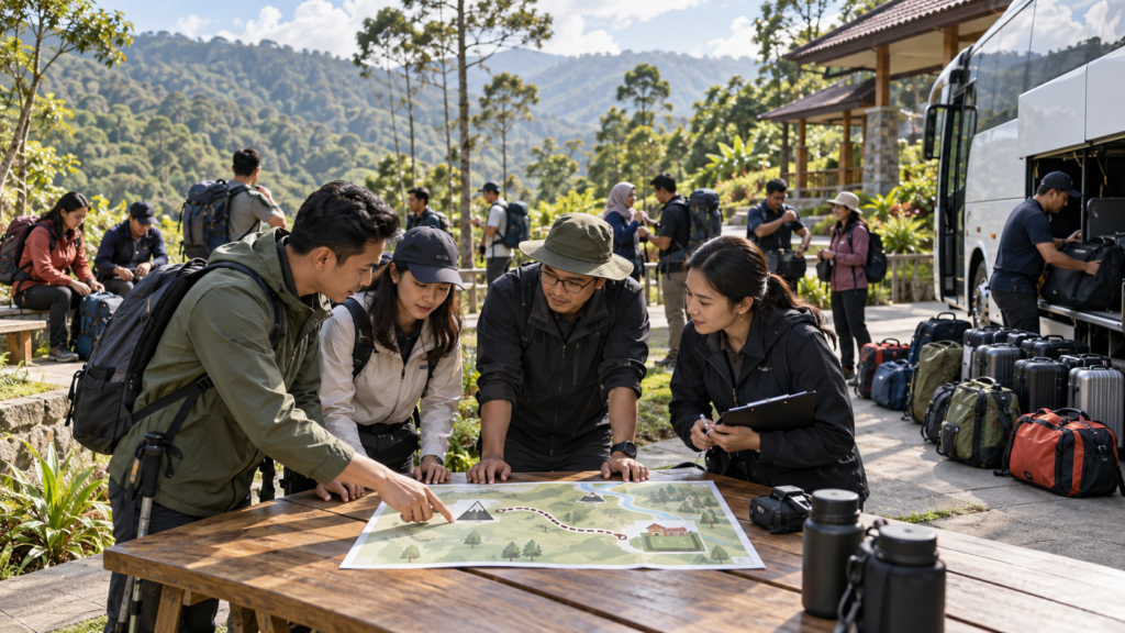 HR GA menata logistik outing trekking dan outbound 2D1N di Bogor dengan peta rute, bus rombongan, bagasi, dan penginapan