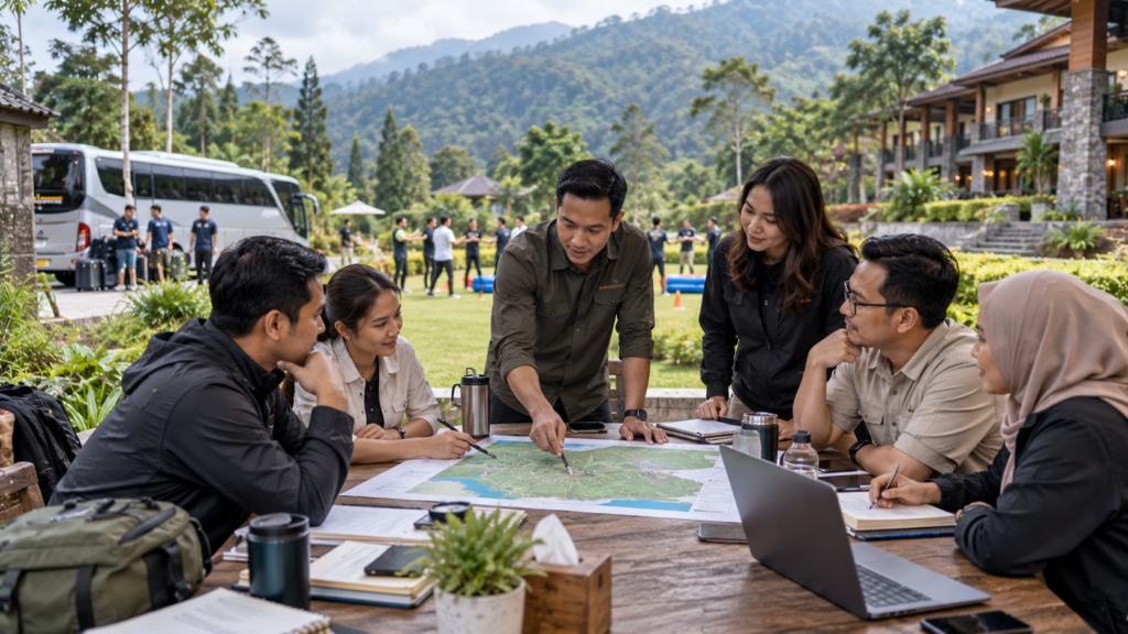 Tim HR dan GA membandingkan lokasi employee gathering 2D1N di Bogor, Puncak, Sentul, dan Pancawati