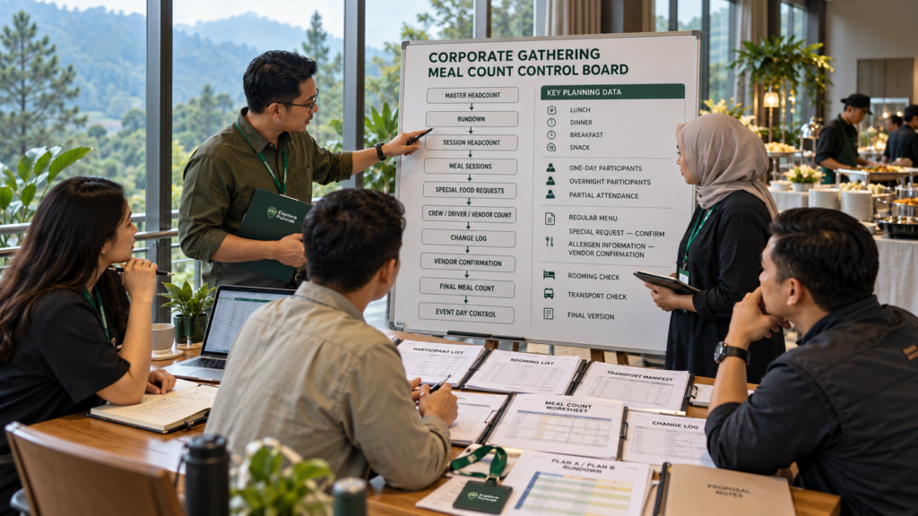 Tim perusahaan di Bandung menghitung meal count gathering dengan data peserta, rooming list, transportasi, sesi makan, dan koordinasi vendor konsumsi.