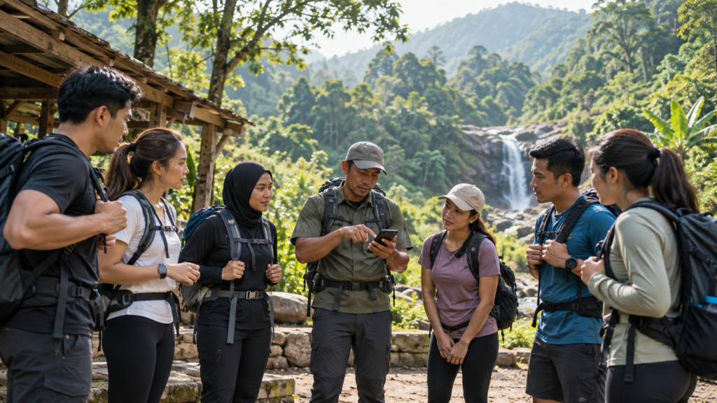 Grup peserta trekking di Sentul mendengarkan arahan guide di meeting point sebelum menuju titik start rute Bukit Paniisan.