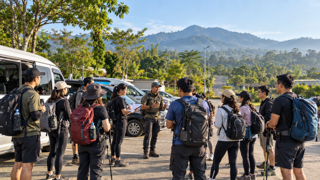 Rombongan trekking Bukit Cisadon bertemu guide di meeting point Sentul Nirwana Jungleland, Bogor, sebelum menerima briefing dan bergerak menuju titik start trekking.