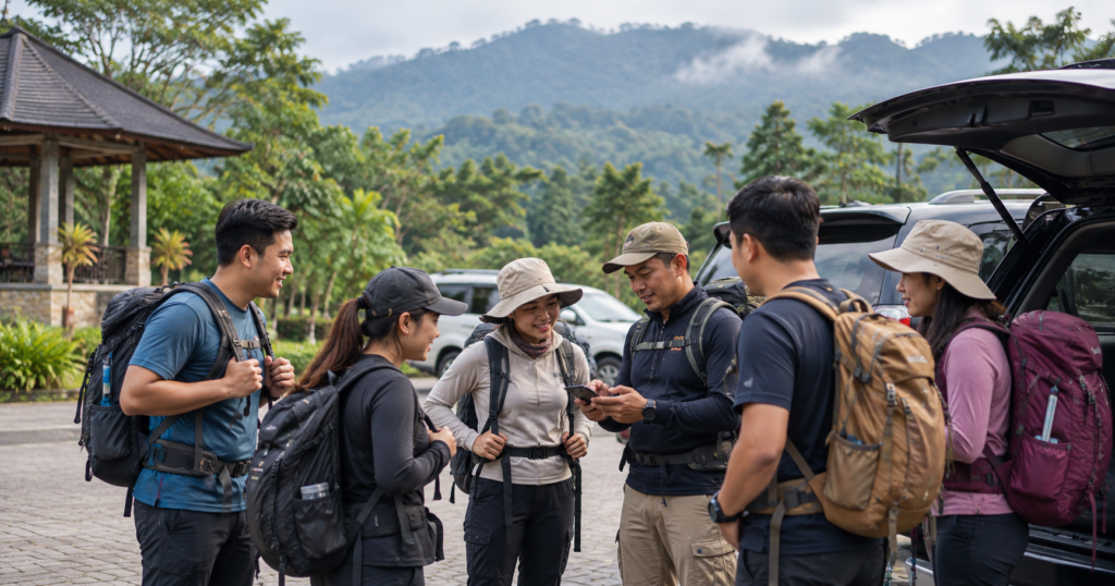 Rombongan trekking berkoordinasi dengan guide di meeting point Sentul Nirwana sebelum menuju titik start Trekking Curug Bidadari Sentul.