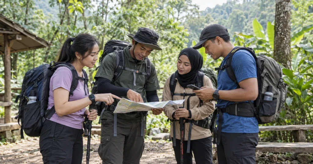 Rombongan trekking Kawah Ratu memeriksa arah bersama pemandu sebelum memulai perjalanan.