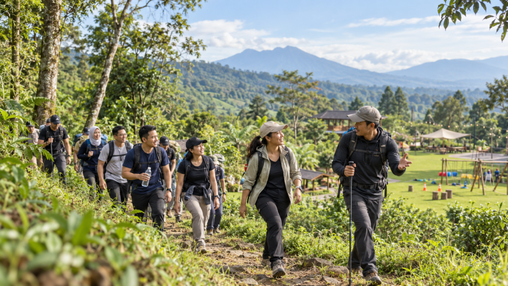 Peserta outing perusahaan melakukan trekking hari pertama di Bogor dengan pengaturan ritme, hidrasi, dan recovery sebelum outbound hari kedua dalam program 2D1N.