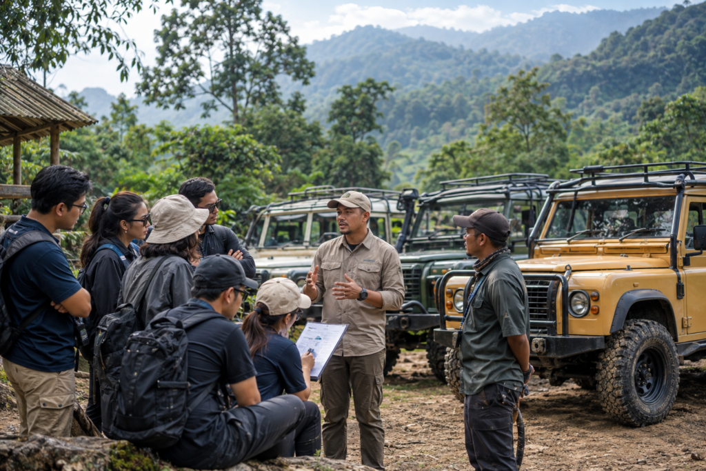 Rombongan perusahaan mengikuti briefing sebelum aktivitas offroad Bogor dengan Land Rover 4x4