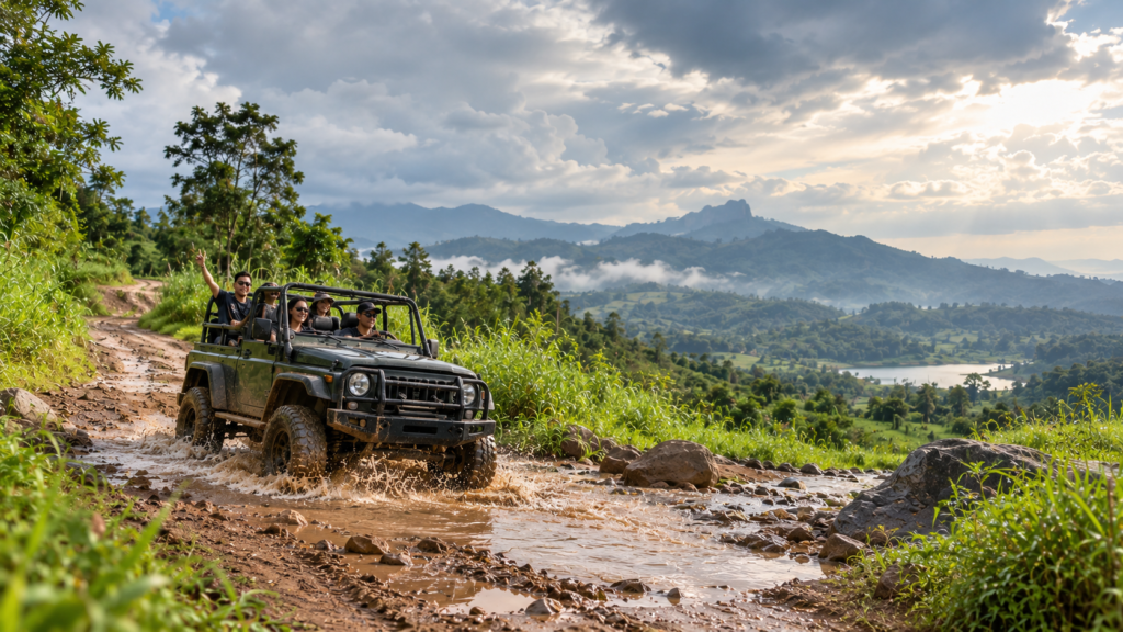 Jeep offroad Sentul di jalur Hambalang Bogor saat musim hujan dengan trek berlumpur dan perbukitan hijau