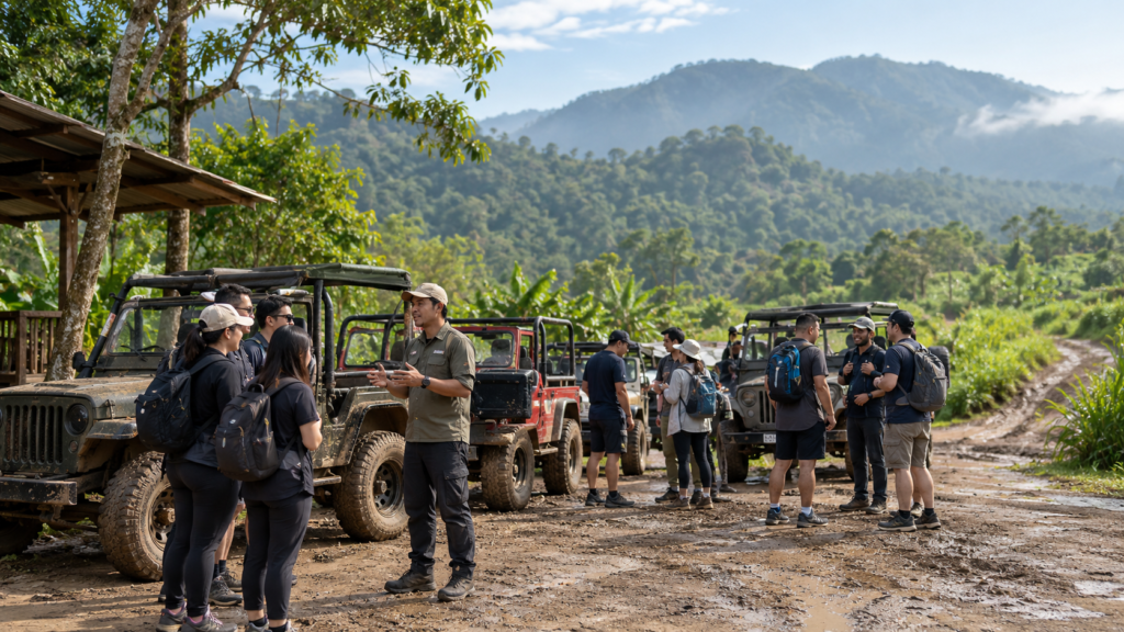 Rombongan offroad Sentul bersiap naik jeep setelah pembagian peserta dan briefing sebelum keberangkatan