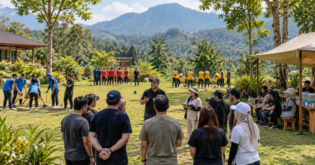 Outbound 2D1N untuk 30–100 peserta di Bogor dengan briefing, pembagian kelompok, rotasi games, area istirahat, dan team building perusahaan.