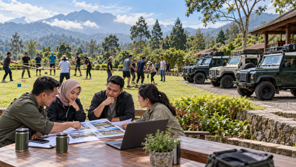 Tim HR dan GA perusahaan membandingkan format outbound 2D1N biasa dengan outbound plus offroad di Bogor, dengan aktivitas team building di lapangan dan Land Rover 4x4 untuk program outing perusahaan.