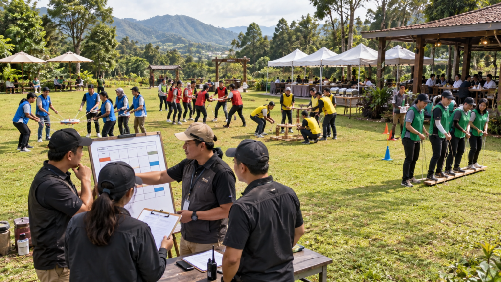 Outbound Bogor untuk 30, 50, atau 100 peserta dengan pembagian kelompok, rotasi games, fasilitator, dan flow lapangan terkoordinasi.