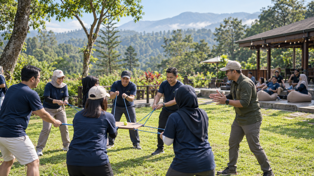 Outbound employee gathering 2D1N di Puncak Bogor dengan aktivitas kolaboratif tim perusahaan pada hari pertama.