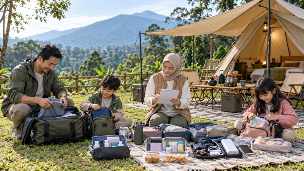 Keluarga menyiapkan barang pribadi untuk camping di Puncak setelah menyewa tenda lengkap dengan perlengkapan tidur, meja, kursi, lampu, dan alat masak
