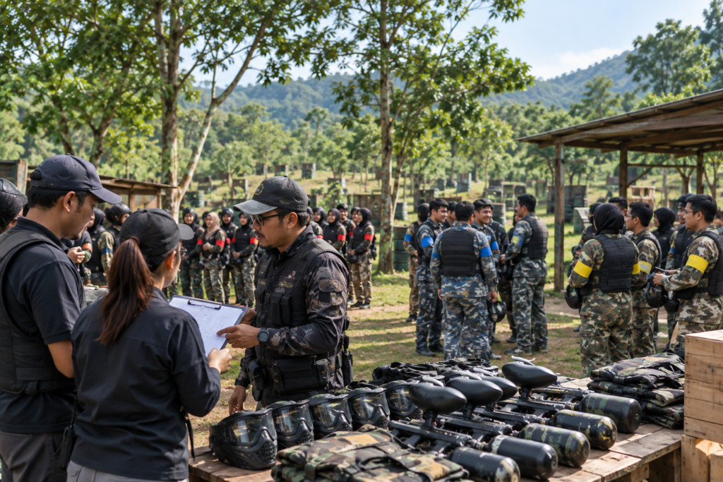 Rombongan perusahaan mengikuti pembagian tim dan briefing paintball Bogor sebelum permainan