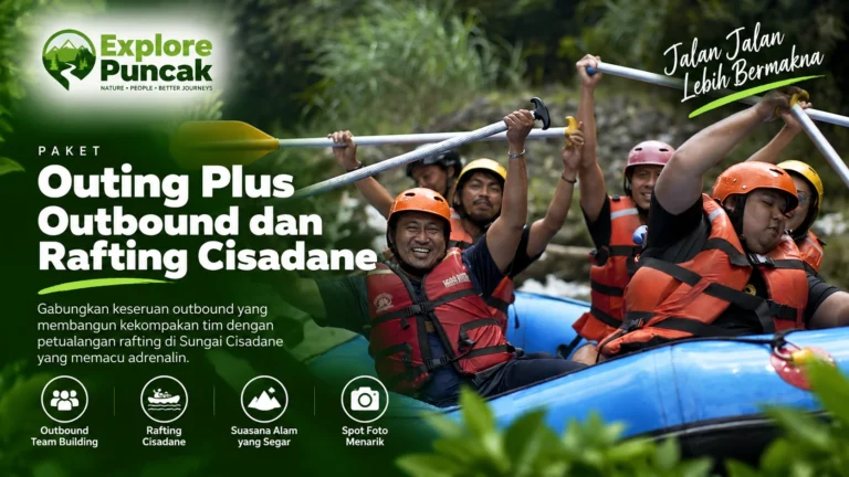 Paket Outing Plus Outbound dan Rafting Cisadane Bogor untuk kegiatan team building perusahaan dengan outbound, arung jeram Sungai Cisadane, dan aktivitas kelompok di alam.