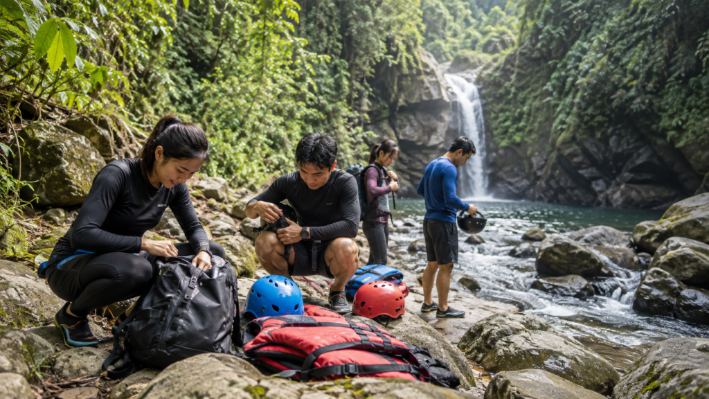 Persiapan perlengkapan body rafting Curug Naga untuk trekking Jelajah 3 Curug di Megamendung, Bogor