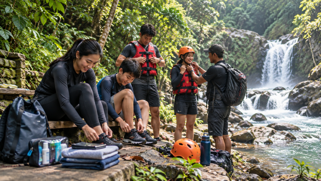Peserta menyiapkan perlengkapan body rafting Curug Naga sebelum river trekking di Megamendung, Bogor, dengan helm, pelampung, pakaian ganti, dan perlengkapan pribadi.