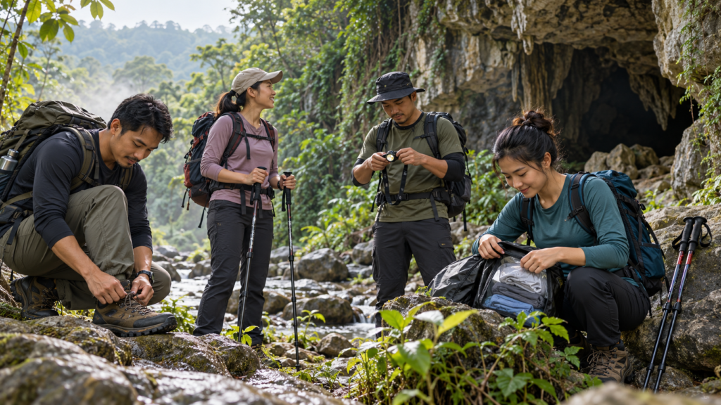 Perlengkapan trekking Goa Garunggang di Sentul dengan sepatu grip, headlamp, baju ganti, daypack, dan trekking pole