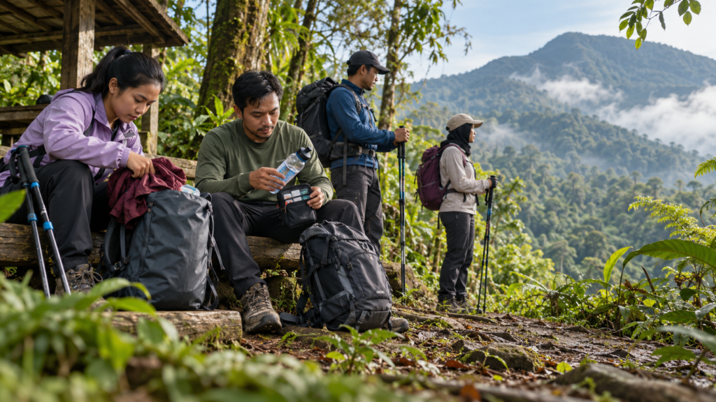 Perlengkapan trekking Kawah Ratu di kawasan Gunung Salak dengan daypack, sepatu grip, air minum, obat pribadi, dan trekking pole