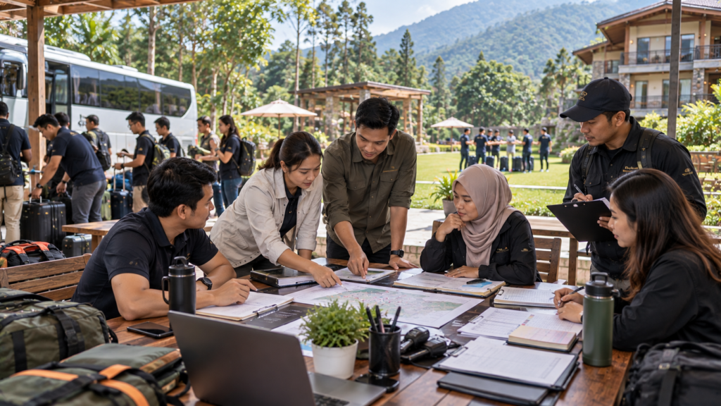 Tim HR dan GA menyiapkan employee gathering 2D1N di Bogor dengan koordinasi peserta, rooming, registrasi, konsumsi, dan keberangkatan