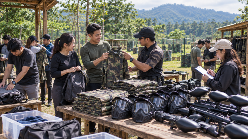 Persiapan Paintball Bogor untuk peserta outing dengan pakaian outdoor, seragam, goggle, dan perlengkapan sebelum bermain