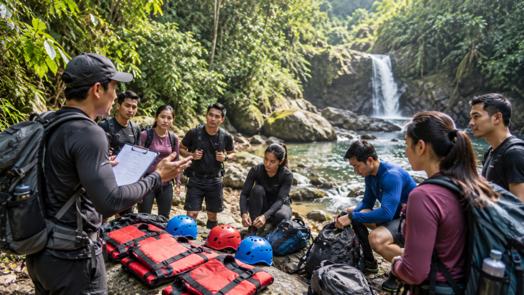 Koordinator briefing peserta rombongan Jelajah 3 Curug sebelum trekking dan body rafting di Curug Naga, Megamendung, Bogor