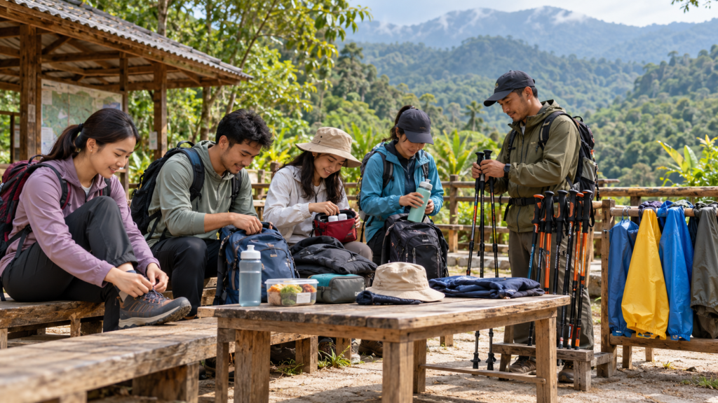 Peserta trekking menyiapkan sepatu, daypack, botol minum, obat pribadi, dan perlengkapan pribadi bersama guide lokal sebelum trekking Bukit Cisadon di Sentul Bogor
