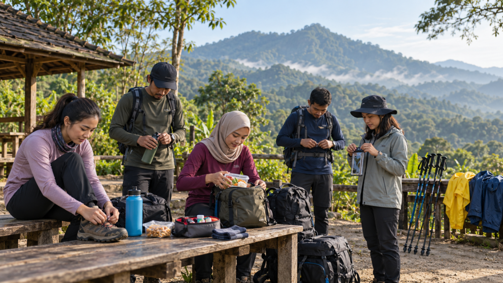 Peserta menyiapkan barang bawaan untuk trekking Bukit Paniisan Sentul, termasuk sepatu hiking, air minum, bekal, obat pribadi, dan perlengkapan trekking.