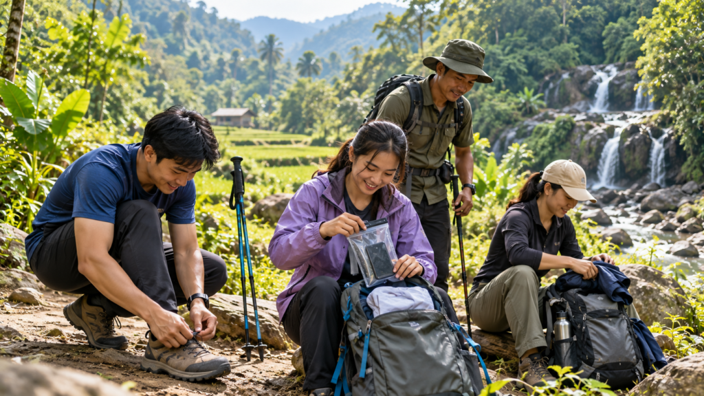 Peserta menyiapkan sepatu, daypack, pakaian ganti, dan pelindung ponsel sebelum trekking Curug Cibingbin di Sentul Bogor.