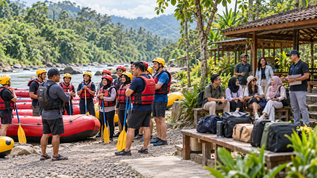 Tim HR dan GA mengatur peserta rafting dan non-rafting dalam outing perusahaan di Cisadane Bogor, dengan kelompok rafting bersiap bersama guide dan peserta lain menunggu di area regroup.