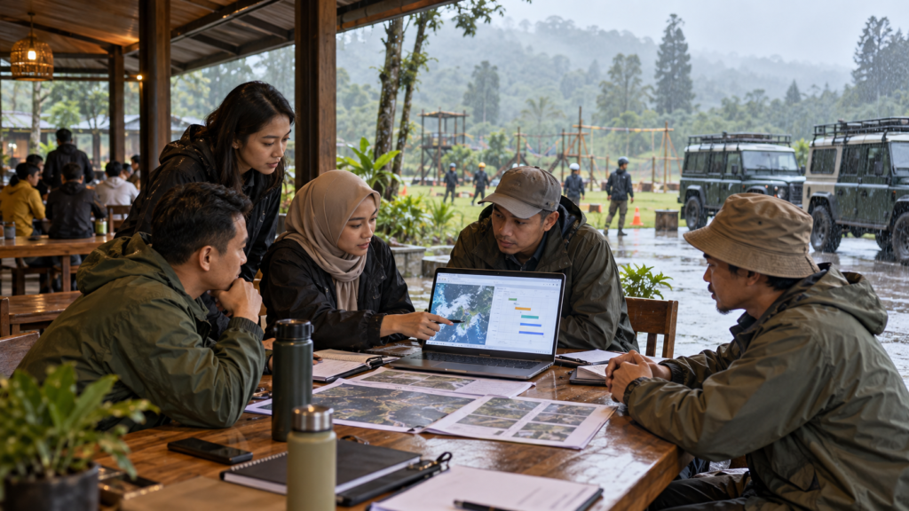 Panitia corporate di Bogor menyusun plan B outing 2D1N outbound dan offroad saat hujan dengan briefing cuaca, koordinasi venue, dan verifikasi rute kegiatan.