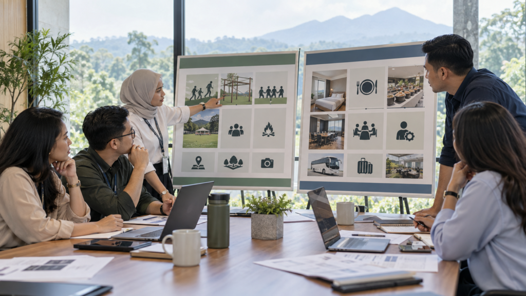 Tim HR, GA, dan procurement membandingkan program outbound 2D1N dan paket all-in di Bogor berdasarkan aktivitas, venue, penginapan, konsumsi, meeting, dan transportasi.