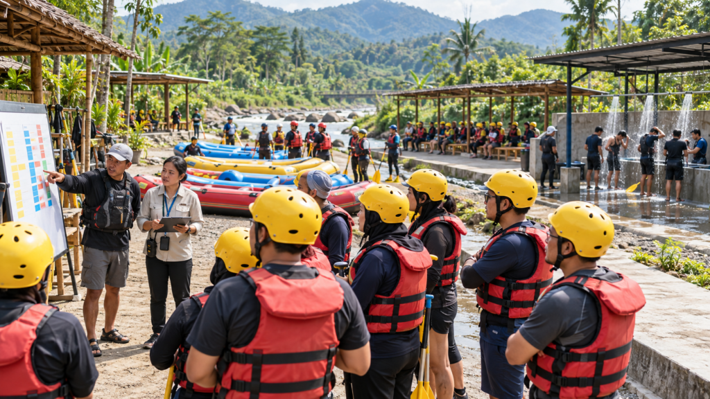 Rombongan perusahaan di Caringin Bogor mengikuti briefing rafting Cisadane dengan pembagian boat group, wave keberangkatan, dan persiapan arung jeram untuk kegiatan outing team building.